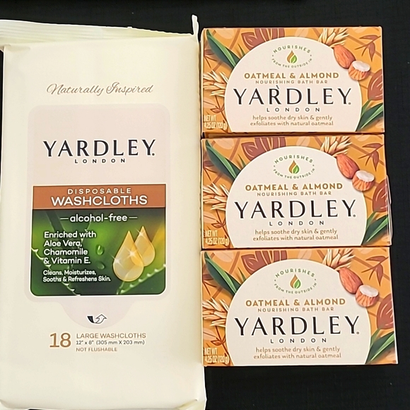Yardley Bundle 3x Oatmeal & Almond Soaps and 1 Pack of Disposable Washcloths - Picture 1 of 9